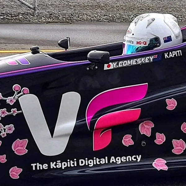 Yoshi Comeskey in the cockpit of his Formula First car, carrying VF Digital livery