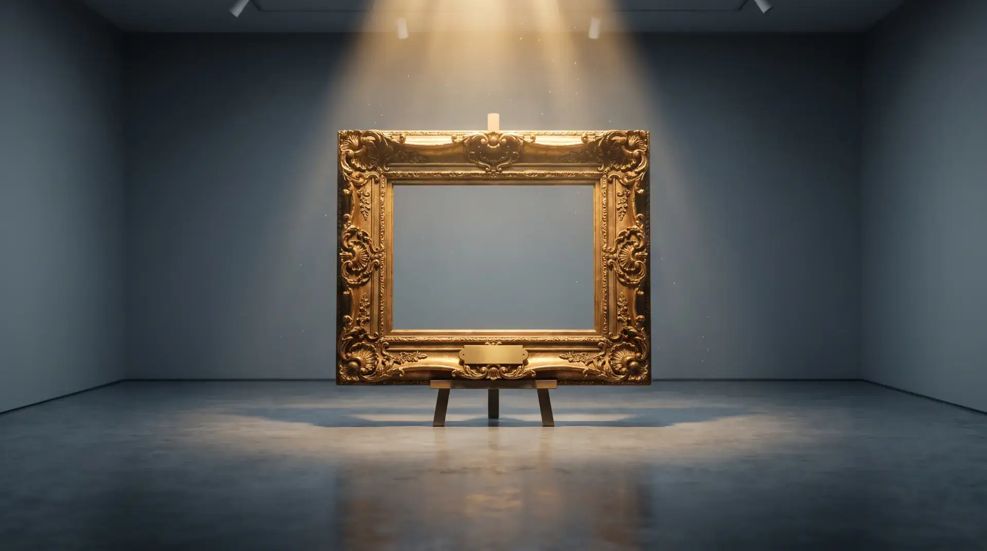 An ornate gilded picture frame on an easel in an empty gallery, spotlit, with no canvas inside it and a blank plaque beneath
