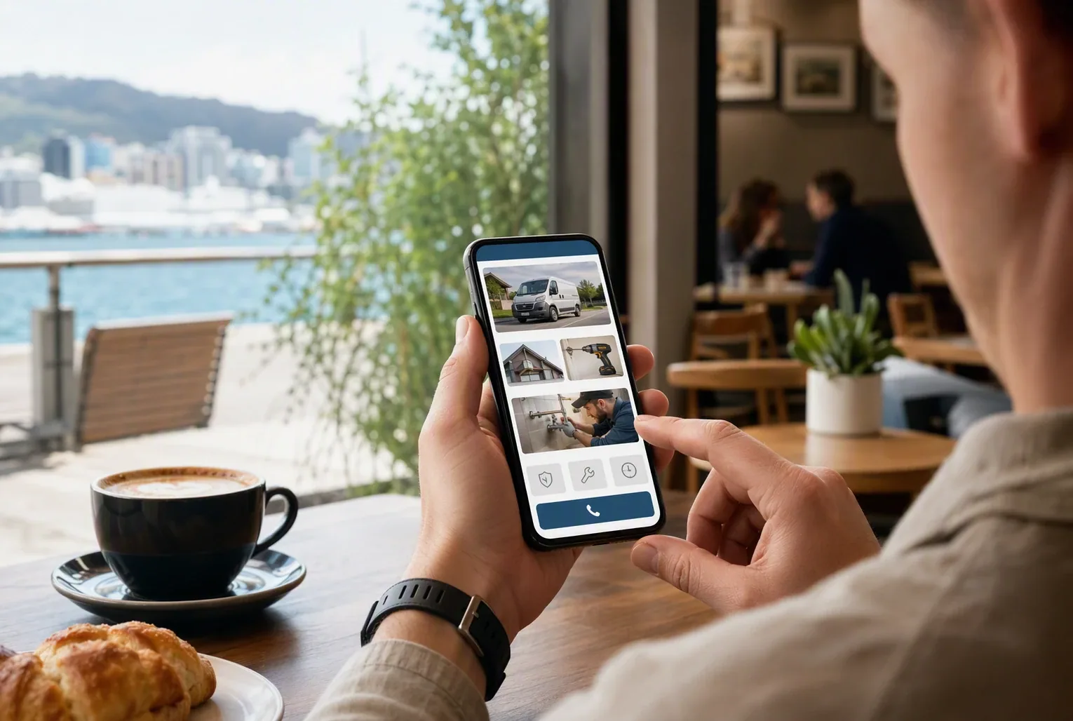 Customer browsing a trades website on smartphone in a Wellington cafe