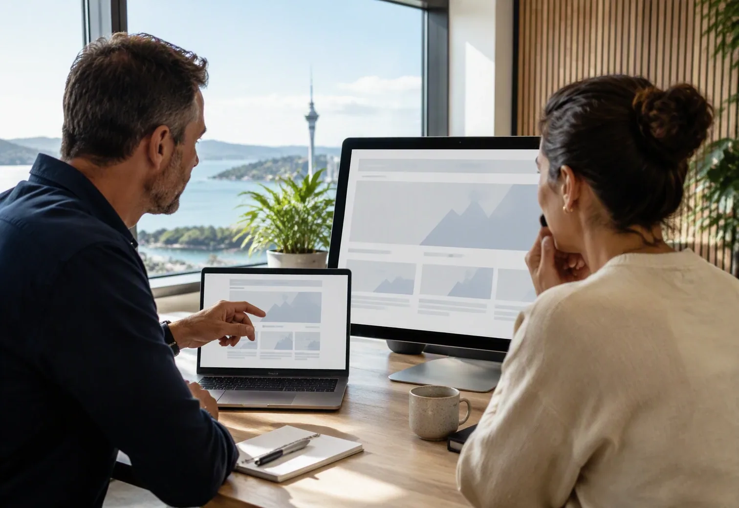 Business owner reviewing website mockups with developer in bright modern office