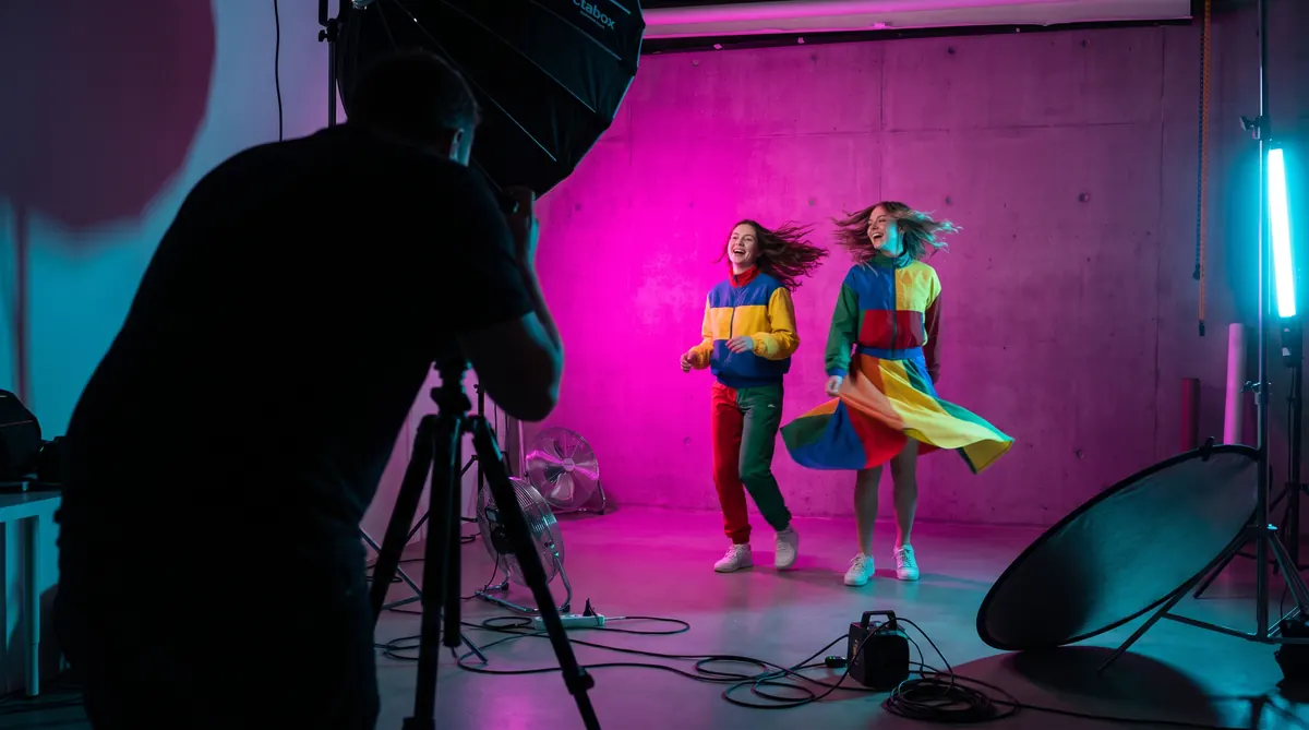 A studio fashion shoot lit in magenta and cyan, produced end to end as AI video